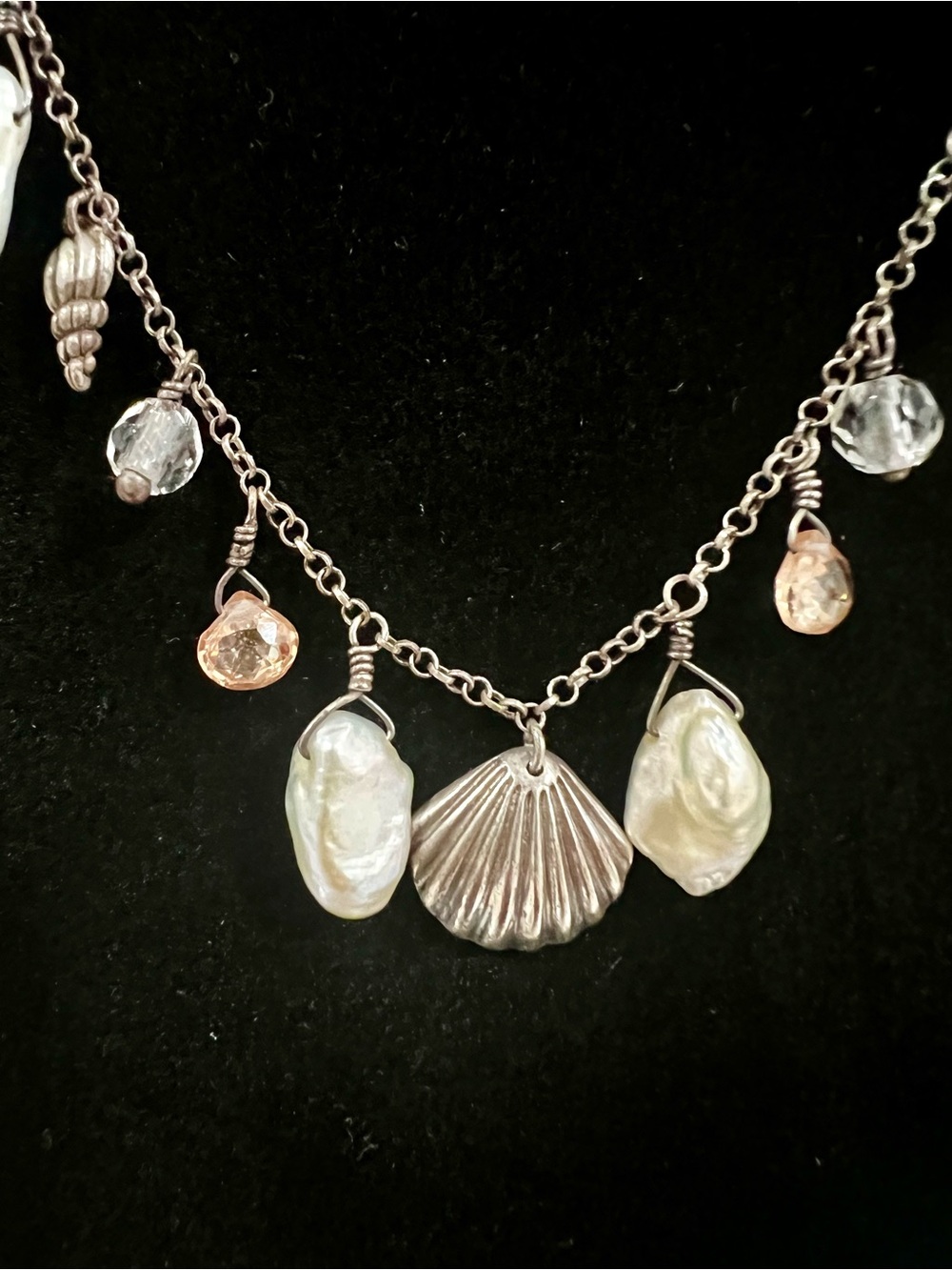 Sterling Silver Baroque Pearls Choker Necklace Seashell Charms Coastal Artisan